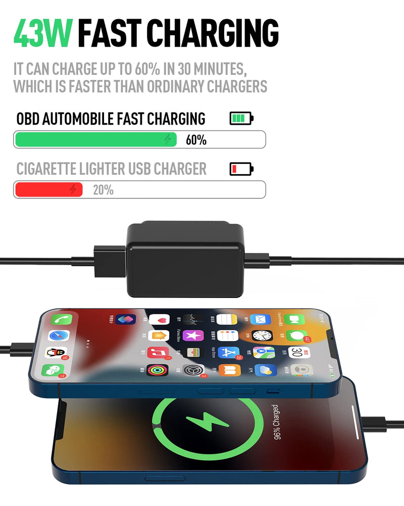 [Australia - AusPower] - OBD Car Fast Charger for Tesla Model 3/Y, 43W Auto Phone Charging Adapter with Power Delivery & Quick Charge 3.0 USB Dual Port Support USB and Type-C, Automobile Phone Charger 