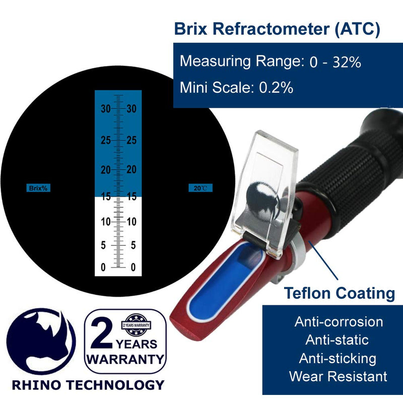 [Australia - AusPower] - 0 to 32% Brix Hand Held Refractometer（Teflon Coating）with Automatic Temperature Compensation, Rhino Handheld Refractometer with a Portable Holster 