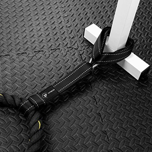 [Australia - AusPower] - Battle Rope Anchor Strap Kit | Heavy Duty Reinforced Nylon | Easy and Fast Setup | Stops Rope Damage | Stainless Steel Carabiner | Includes Exercise Guide | Black with White Stripe 