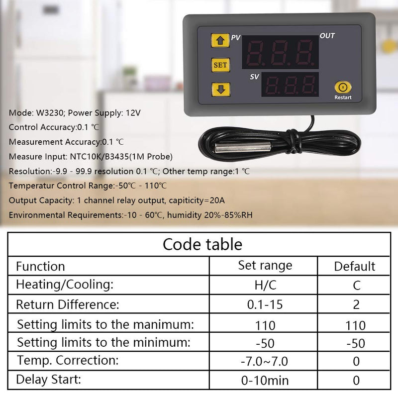 [Australia - AusPower] - W3230 DC 12V 20A LED Digital Temperature Controller Thermostat Thermometer Temperature Control Switch Sensor Meter（DV12V）） 