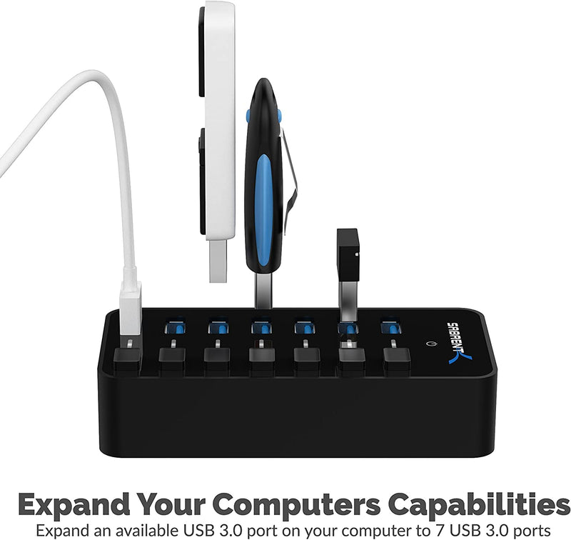 [Australia - AusPower] - SABRENT 36W 7-Port USB 3.0 Hub with Individual Power Switches and LEDs Includes 36W 12V/3A Power Adapter (HB-BUP7) 