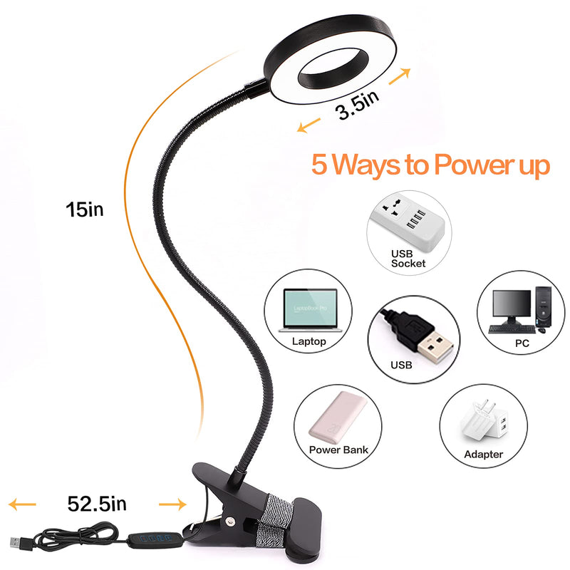 [Australia - AusPower] - Desk Lamp Clip on Light, Desk Light 48 LED Lamp with 3 Lighting Modes, Dimmable 10 Brightness Levels, 360° Adjustable Gooseneck, Eye-Caring Small Lamp for Bed Headboard Reading Makeup Eyebrow (Black) 3.5in Ring Light Black 