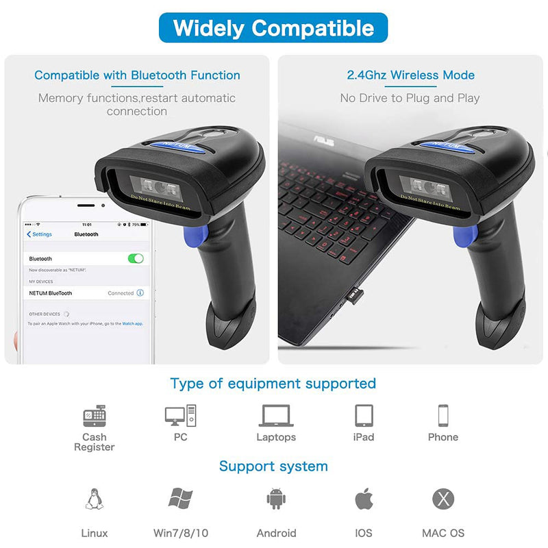 [Australia - AusPower] - NETUM Bluetooth Barcode Scanner, Compatible with 2.4G Wireless & Bluetooth Function & Wired Connection, Connect Smart Phone, Tablet, PC, CCD Bar Code Reader Work with Windows, Mac,Android, iOS 