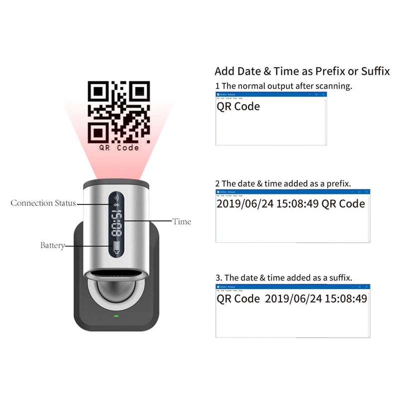 [Australia - AusPower] - Alacrity 2D 1D Wireless Barcode Scanner with Display Screen, Bluetooth/2.4GHz/USB 3 in 1, Datamatrix QR Code PDF417 Handheld Barcode Reader for Screen and Printed Bar Code Scan, Handsfree with Stand 