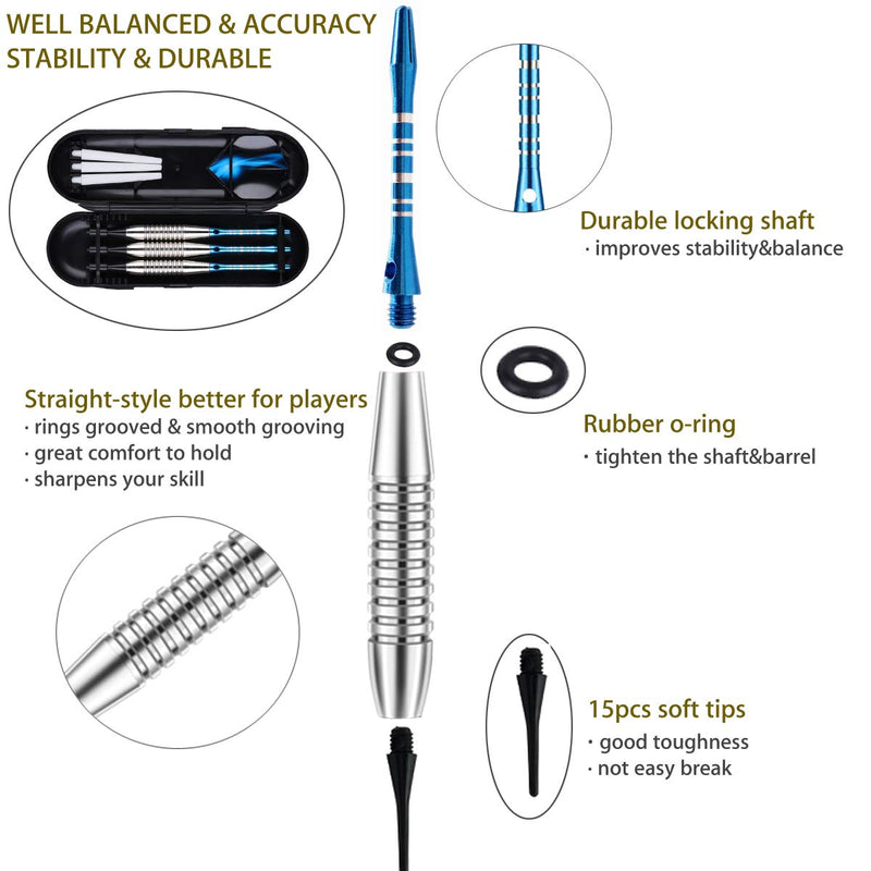 [Australia - AusPower] - sanfeng Darts Plastic Tip Set - 18g Soft Tip Darts - Nickel Plated Silver Dart Barrel 16 Grams + 50 Anti-Loose O-Rings + 6 Shaft (Aluminum/Nylon 45mm) + 6 Flights + Extra 50 Soft Tips Electronic Dart Blue-DARTB 