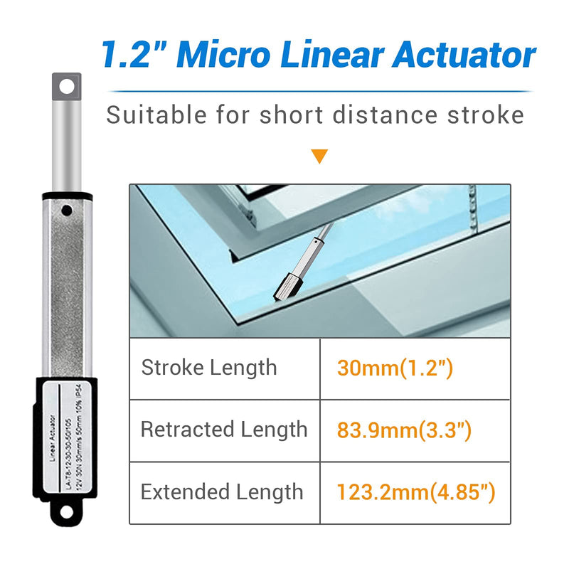 [Australia - AusPower] - Electric Micro Linear Actuator 12V - 1.2" Stroke, 64N/14.4lb, Speed 0.6inch/s Mini Waterproof Motion Actuator Small 12 V DC, w/Mounting Brackets, for Sofa Massage Recliner TV Table Cabinet Window Lift 1.2" Stroke Linear Actuator without Rocker Switches 
