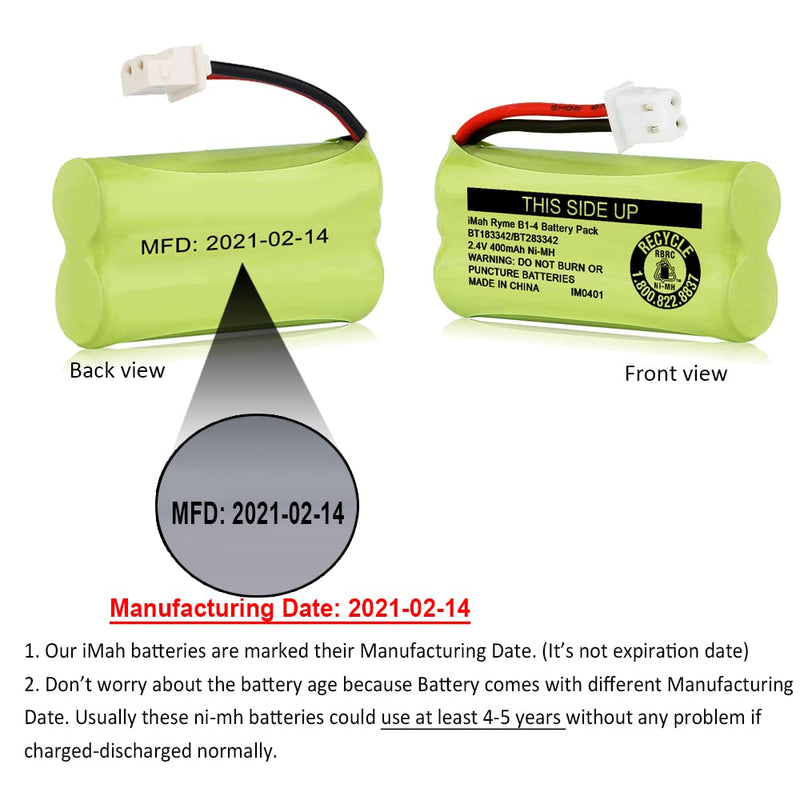 [Australia - AusPower] - iMah BT183342/BT283342 2.4V 400mAh Ni-MH Battery Pack, Also Compatible with AT&T VTech Cordless Phone Batteries BT166342/BT266342 BT162342/BT262342 2SN-AAA40H-S-X2, Pack of 2 