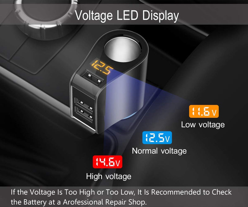 [Australia - AusPower] - Car Charger,Multi USB Cigarette Lighter Adapter,Socket Splitter with 3 USB and Voltage Meter,Compatible with iPhone,iPad,Apple Watch,Airpods,Samsung,LG,HTC,GPS,Android Phone (Black) Black 