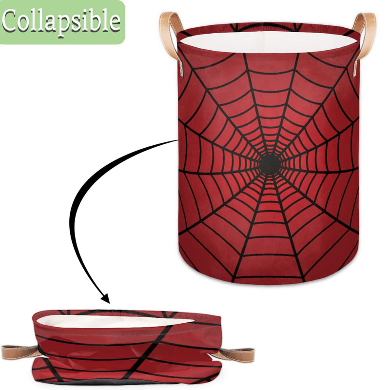 [Australia - AusPower] - Large Laundry Hamper Basket Red Spider Web Round Freestanding Clothes Basket, Collapsible Storage Organizer Bin with Leather Handles for Dirty Clothes Toys, Nursery Home Storage 16"W x 20"H 