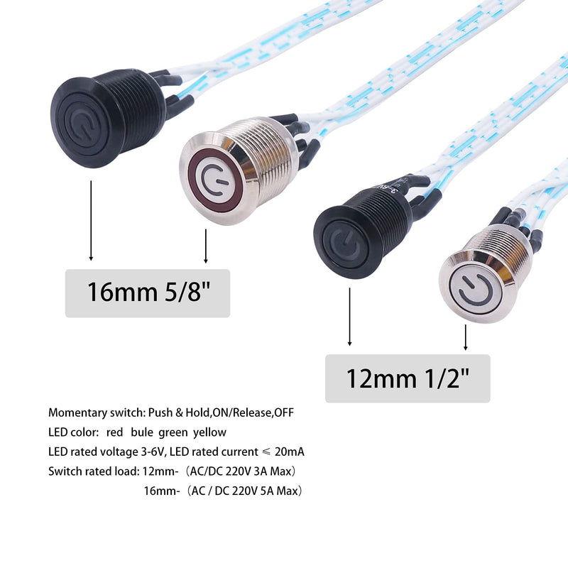[Australia - AusPower] - weideer 12mm Momentary Push Button Switch Metal Chassis Switch Waterproof 6V Red Ring LED Power Symbol Light ON/Off Switch with Wire for 12mm 1/2" Mounting Hole M-12-POWER-BK-R-X Black Metal BK-R-X 