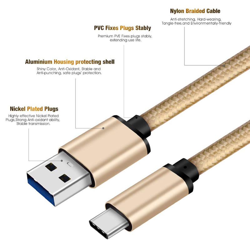 [Australia - AusPower] - CBUS 6ft Heavy-Duty Braided Fast Charging USB-C to USB-A Compatible with iPad Air (2020), iPad Pro (2018/2020/2021), Samsung Galaxy Tab S7 FE, S7/S7+, S6/S6 Lite, S5/S5e (Beige Gold) 