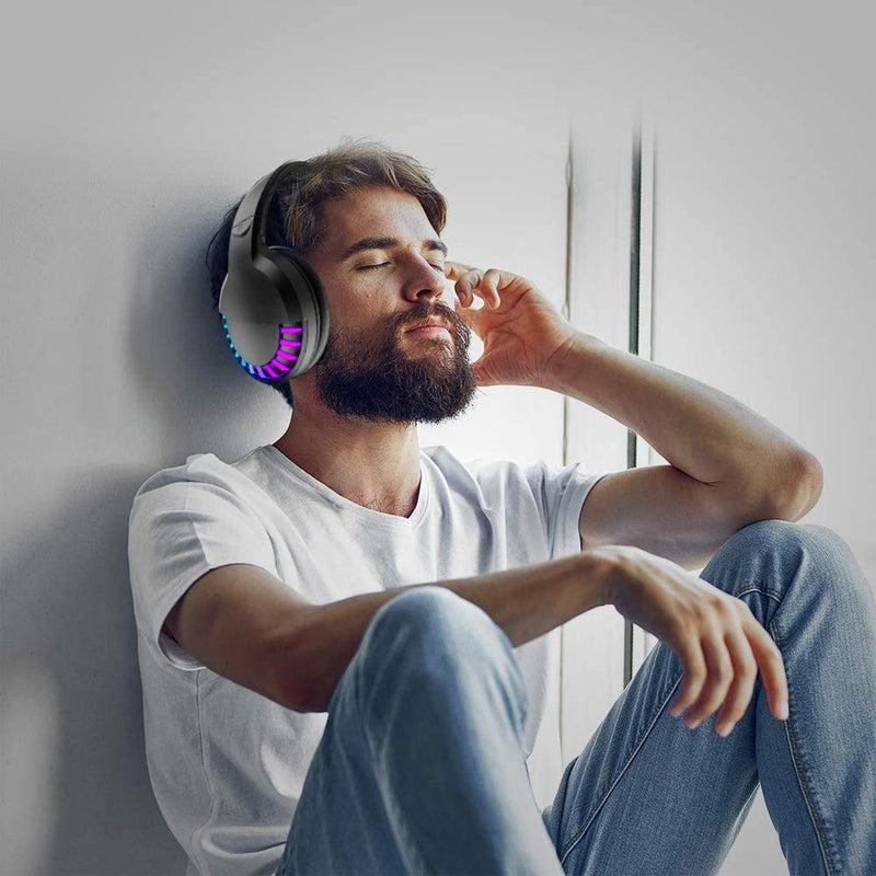 [Australia - AusPower] - Wireless Bluetooth Headphone with Noise Cancellation HiFi Stereo Sound Mic Deep Bass Protein Earpad Rainbow RGB Backlight Rechageable Over Ear Headset for PC Mac Game Travel Class Home Office(Black) Black 
