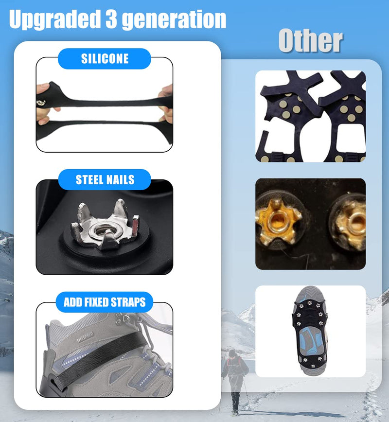 [Australia - AusPower] - 11 Spikes Crampons, Upgraded Version Stainless Steel Anti-Slip Microspikes, Ice Cleats Grips for Hiking Shoes and Boots, Hiking Fishing Walking Mountaineering Black Upgrade Stainless steel Medium[US Men:8-11 Women:10-13/EU:39-43] 