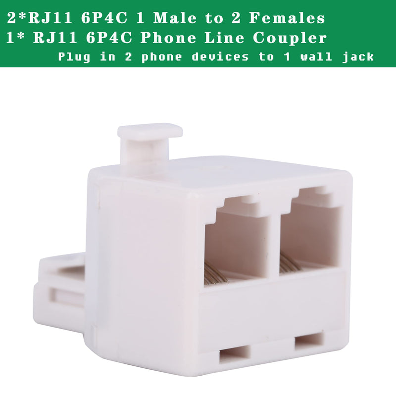 [Australia - AusPower] - 2+1Pack 2pcs Double Phone Jack Splitter RJ11 6P4C 1 Male to 2 Females and 1pc Phone Line Coupler for Landline and Fax -White 