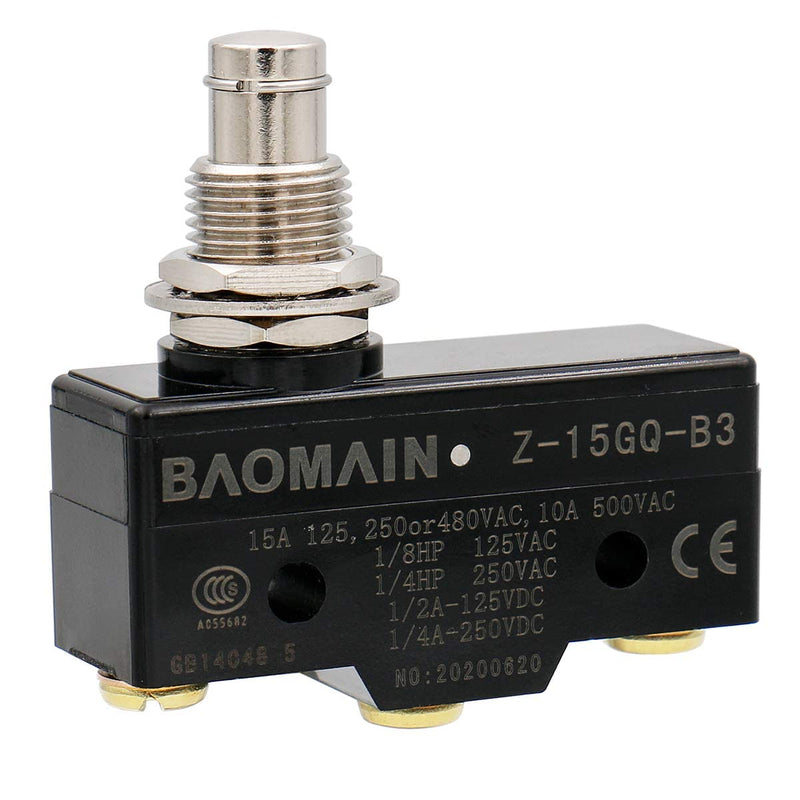 [Australia - AusPower] - Baomain Z-15GQ-B General Purpose Basic Switch, Panel Mount Plunger, Medium OP, Screw Terminal, 0.5mm Contact Gap, 15A Rated Current Pack of 2 