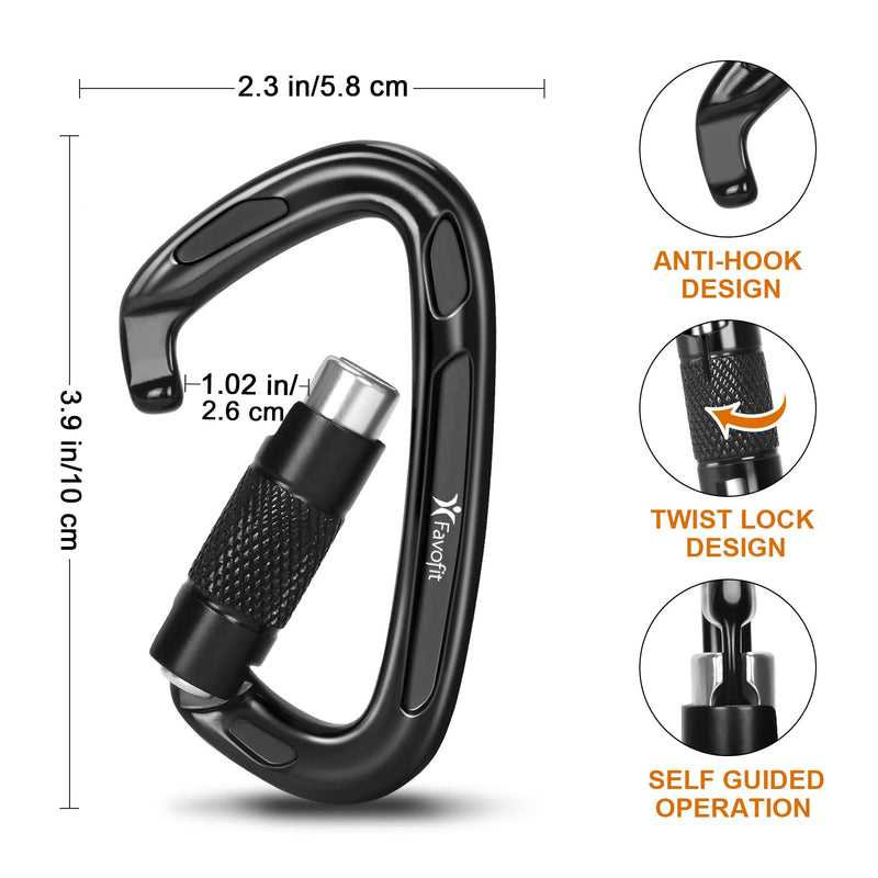 [Australia - AusPower] - Favofit UIAA Certified Climbing Carabiners (Certificate No.: USA 20-5611), 3 Pack, 25KN (5620 lbs) Heavy Duty Large Locking Carabiner Clips for Rock/Ice Climbing Rappelling Rescue Swing etc, Black 