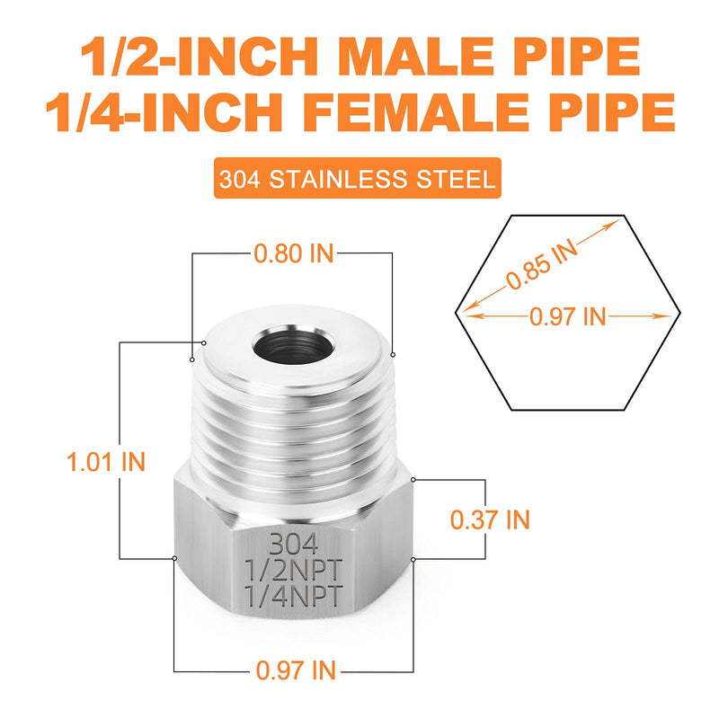 [Australia - AusPower] - GASHER 5PCS Stainless Steel Hex Bushing 1/2" NPT Male x 1/4" NPT Female, Stainless Steel Threaded Pipe Fitting 1/2" MNPT x 1/4" FNPT 5 