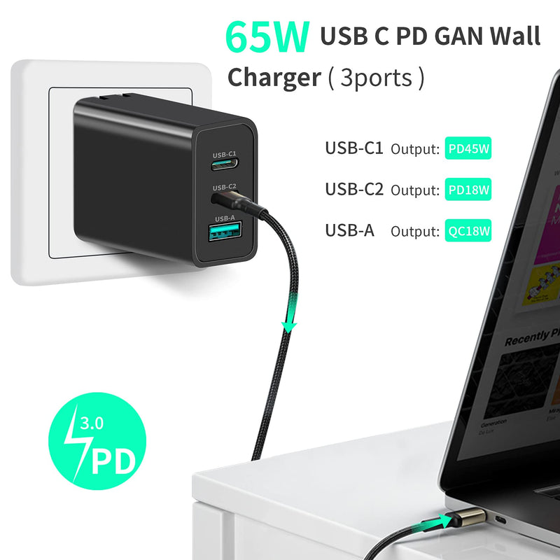 [Australia - AusPower] - 65W PD 3.0 GaN Charger Type C Foldable Adapter with 3-Port Fast Wall Charger Replacement for iPhone 12/Pro/Mini/Pro Max, MacBook Pro, iPad Pro, Galaxy, Switch,Galaxy S21/S20,USB-C Laptops and More 