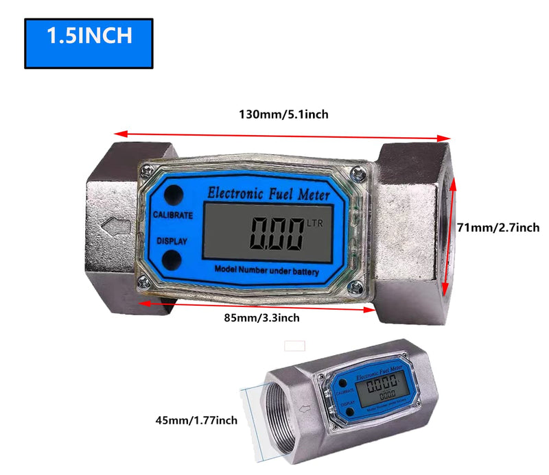 [Australia - AusPower] - LELUKEE 1.5Inch Digital Fuel Turbine Aluminum Flowmeter with LCD Display,1.5″ FNPT Inlet/Outlet (40-280 LPM)-Unit of Measurement Support L/GAL/PTS/QTS (1.5inch) 