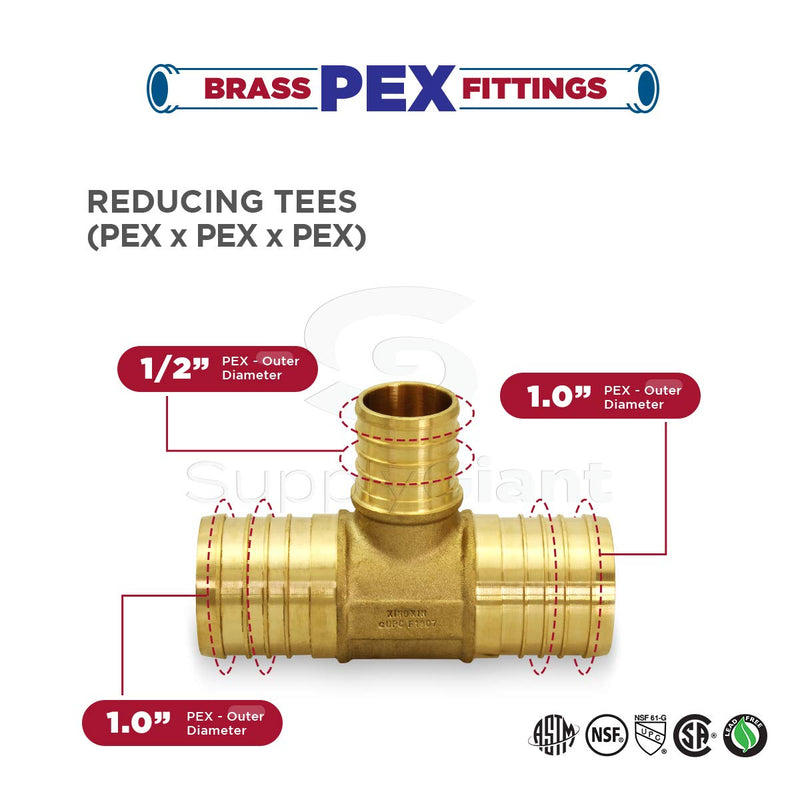 [Australia - AusPower] - Supply Giant QYSU1112-OM PEX Barb Reducing Tee Pipe Fittings 1" x 1" x 1/2'' Brass 1" X 1" X 1/2" Single 