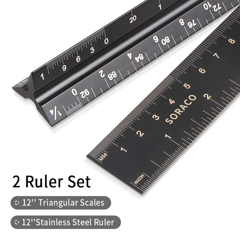 [Australia - AusPower] - Architectural Scale Ruler 12-Inch with Aluminum Standard Metal Ruler Set for Architect,Draftsman, and Civil Engineer Blueprints (Imperial) 