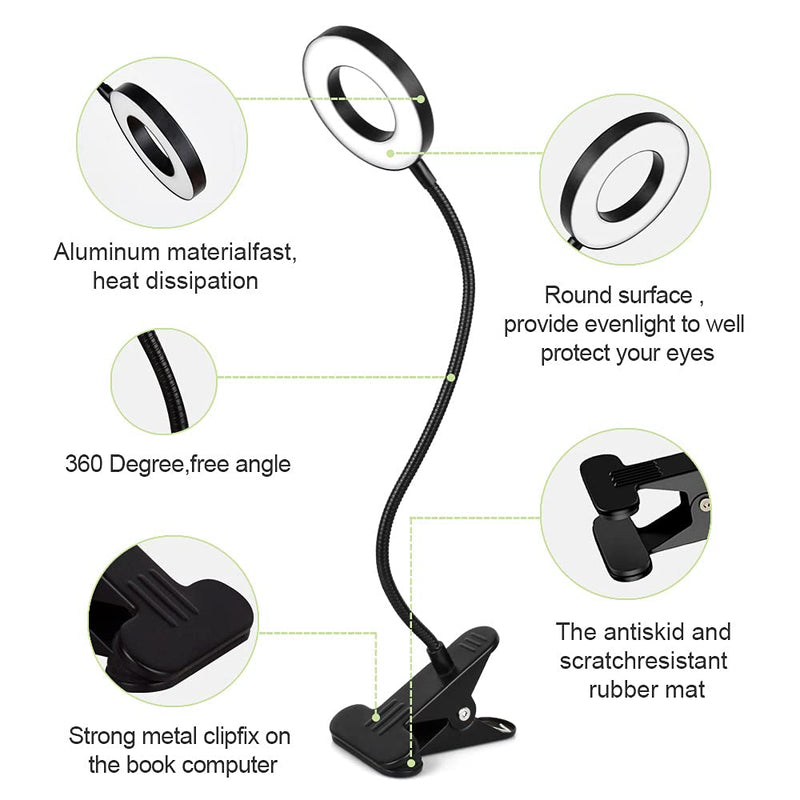 [Australia - AusPower] - W-LITE 6W LED USB Reading Light Clip Laptop Lamp for Book,Piano,Bed Headboard,Desk, Eye-Care 2 Light Color Switchable, Adapter Included, Black 