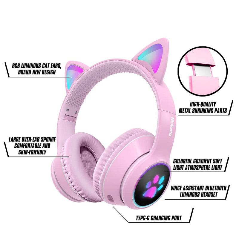 [Australia - AusPower] - Mokata Gaming Bluetooth 5.0 Wireless Headphones Over Ear Cat LED Light Foldable Music Headset with AUX 3.5mm Microphone (Built-in) for Adult & Kids PC TV Game Music Pad Laptop Cellphone Pink Bluetooth Wireless 