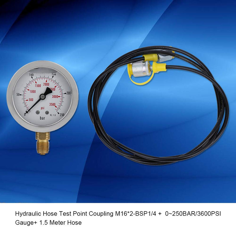 [Australia - AusPower] - Hydraulic Hose Pressure Test Coupling Point Kit, M16 2-BSP1 / 4 Pressure Gauge 250BAR/3600PSI with 1.5m/4.9ft Hose for Excavator Construction Machinery 