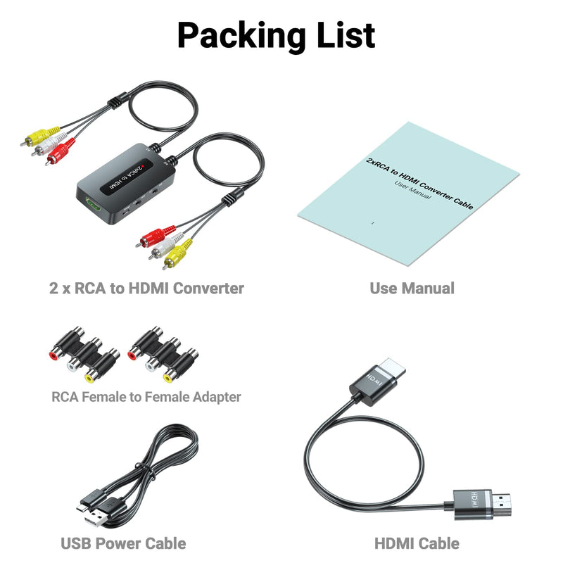 [Australia - AusPower] - Dual RCA to HDMI Converter Support 4 : 3/16 : 9 Aspect Ratio Switch, 2 Port AV to HDMI, Double RCA Composite to HDMI for Connecting Two RCA Devices to One HDTV to Avoid Frequent Plugging / Unplugging Dual RCA to HDMI 