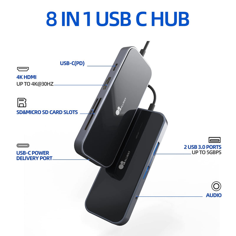 [Australia - AusPower] - USB C Hub, Docking Station, ALLWAY 8 in 1 USB C Adapter with 4K USB C to HDMI, 60W Power Delivery SD/TF Card Reader 2 USB 3.0 Ports USB C Data Port 3.5mm Audio/Mic for MacBook Pro and HP Dell Laptops 