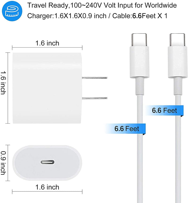 [Australia - AusPower] - 20W USB C Fast Charger for 2021/2020/2018 iPad Pro 12.9 Gen 5/4/3, iPad Pro 11 Gen 3/2/1, iPad Air 4th Generation, iPad Mini 6 Generation 2021, 6.6ft USB C to USB C Charging Cable(2 Pack) 