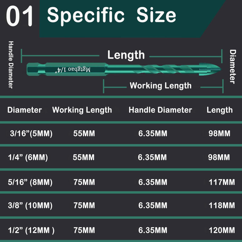 [Australia - AusPower] - Mgtgbao Green Concrete Drill Bit Set, 10pcs Masonry Drill Bits Set Carbide Tip for Glass, Brick, Tile, Concrete, Plastic and Wood with Size 3/16â€,1/4â€, 5/16â€,3/8â€, 1/2â€ Black 