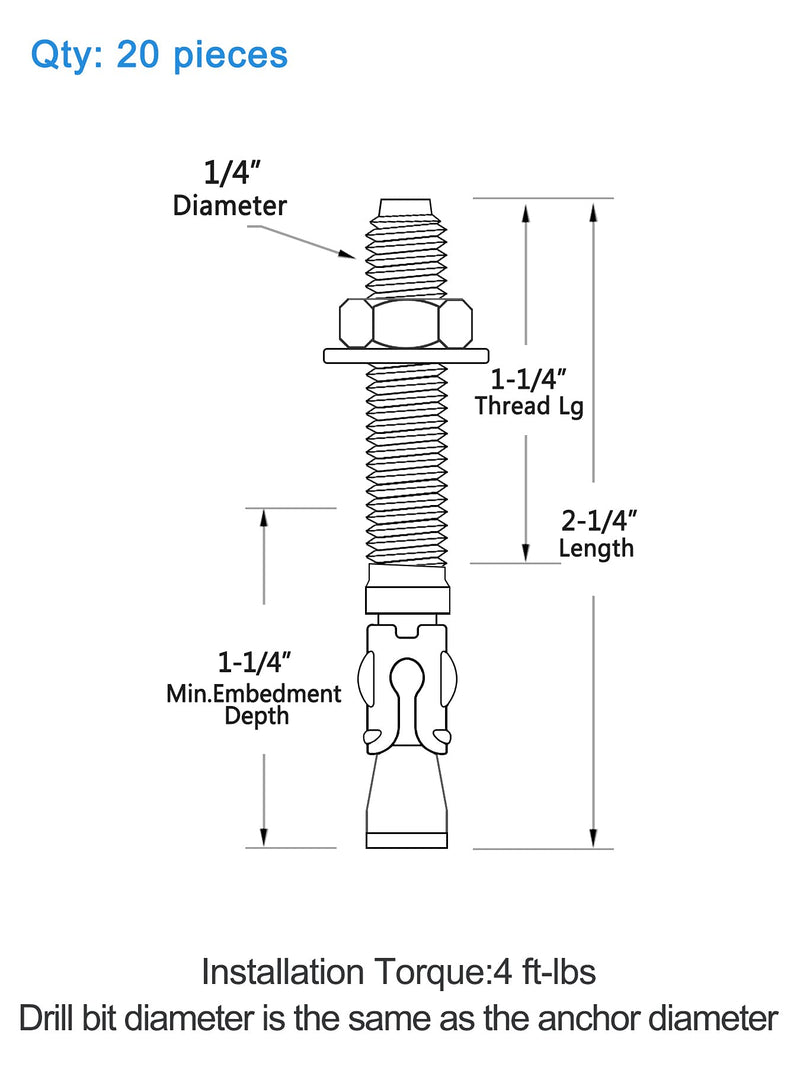 [Australia - AusPower] - Anrik 1/4 inch x 2-1/4 inch - 20 Pieces Wedge Anchor Zinc Plated Heavy Duty Fastener for Concrete 1/4" x 2-1/4" 
