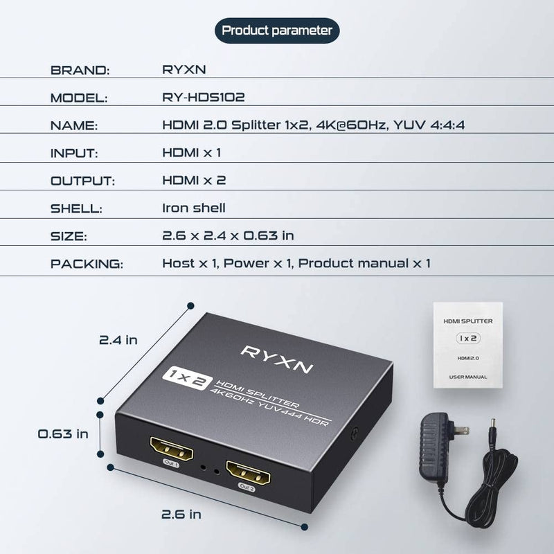 [Australia - AusPower] - HDMI Splitter 1 in 2 Out 4K@60Hz, HDMI Splitter for Dual Monitors Support HDMI 2.0, YUV 4:4:4, HDCP 2.3, EDID, LPCM 7.1, for PS5/PS4, Xbox, Roku, Apple TV, Fire Stick, Blu-ray Player RY-HDS102 
