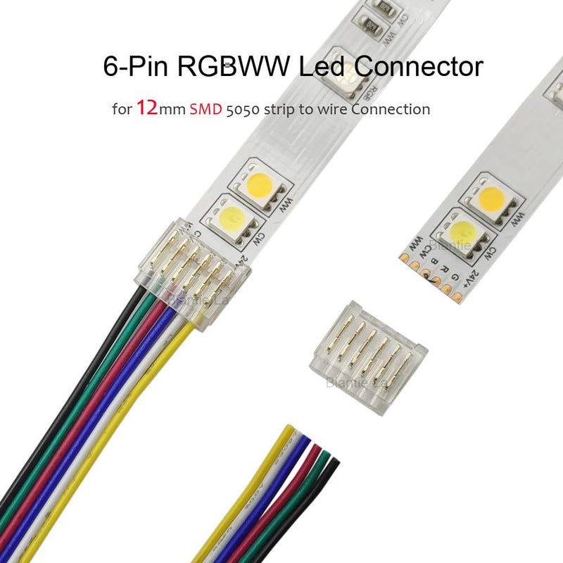 [Australia - AusPower] - Biantie La RGBWW LED Strip Light Connectors - 6-Pin 12mm Solderless Clips for SMD 5050 Strip-to-Wire Joints (Pack of 20) 
