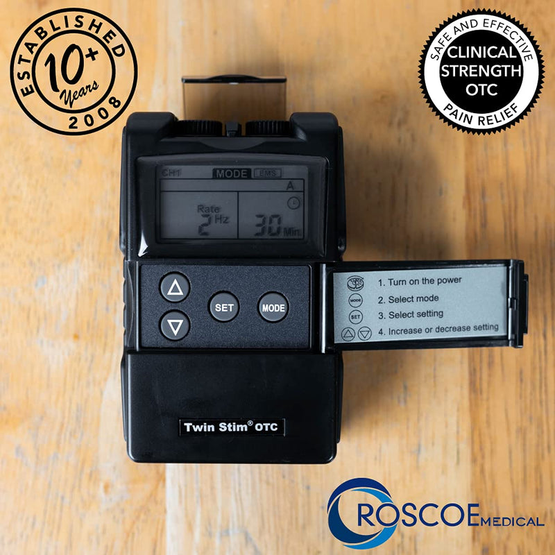 [Australia - AusPower] - Roscoe Medical TENS Unit and EMS Muscle Stimulator - OTC TENS Machine for Back Pain Relief, Lower Back Pain Relief, Neck Pain, or Sciatica Pain Relief, Clinical Strength Stim Machine 