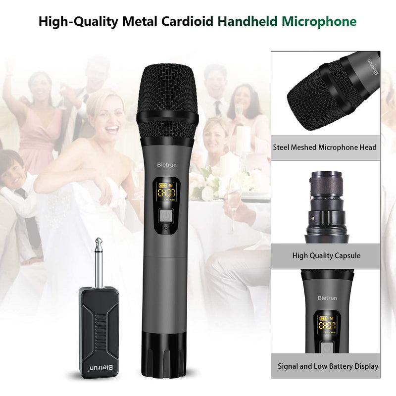 [Australia - AusPower] - Bietrun Wireless Microphone, UHF Metal Dynamic Handheld Karaoke Mic with Rechargeable Receiver (Work 6hs), 160ft Range, For Karaoke Machine Singing, Amplifier Speaker, Mixer, Speech, Church, Interview Battery Grey 