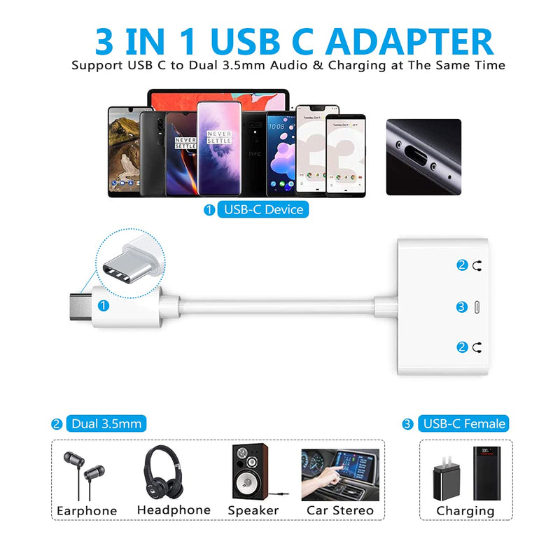 [Australia - AusPower] - USB C to Dual Trrs 3.5mm Aux Headphone Jack Adapter with Charging, Type C Earphone Audio Splitter Converter, Compatible for Samsung, 2018 iPad Pro, Google Pixel, HTC, Huawei etc (White) 