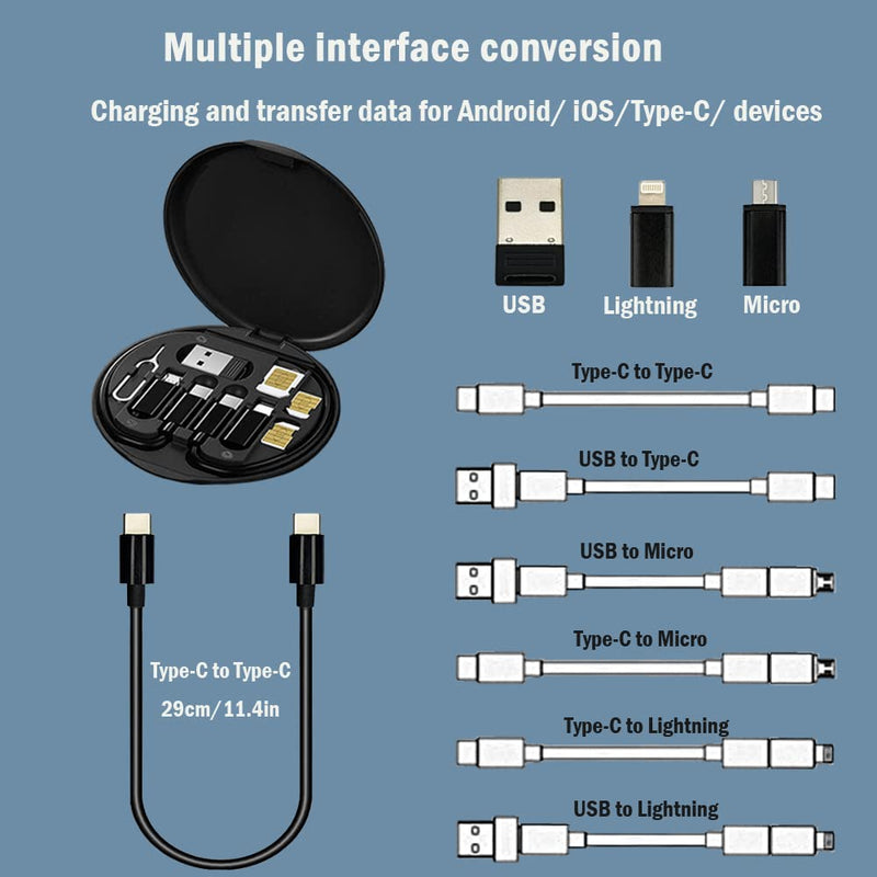 [Australia - AusPower] - USB Adapter Cable Conversion Storage Box, Multi-Type Charging Line Convertor Lightning Type C Micro Data Transfer Tool Contains Sim Card Slot Tray Eject Pin, Use as Phone Holder (Black) Black 