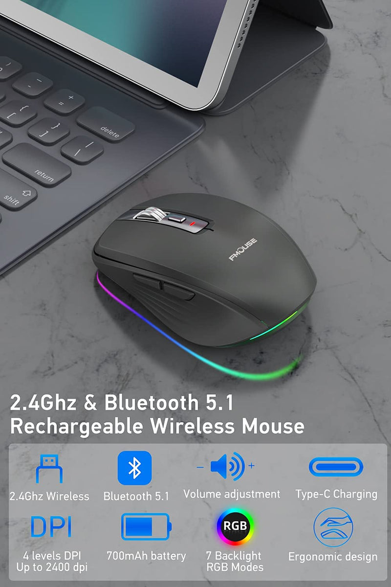 [Australia - AusPower] - FMOUSE Rechargeable Wireless Mouse, Dual Mode Mouse with RGB Lights, 2.4G Wireless & Bluetooth 5.1 2400 DPI USB-C Rechargeable 700mAh Battery, Ergonomic Mouse for PC Laptop Desktop (Black) Graphite 