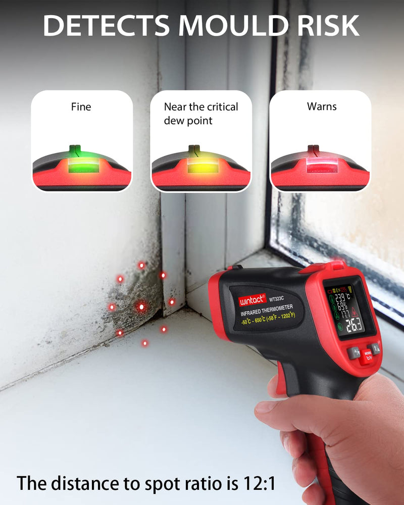 [Australia - AusPower] - Wintact Infrared Thermometer Gun -58℉ to 1202℉ Pyrometer IR Laser Thermal Gun for Mould Detection, Ambient, Surface Temp, Humidity with Automatic Dew Point Temperature Alarm, K-Type Thermocouple Probe 