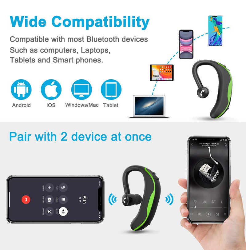 [Australia - AusPower] - Bluetooth Headset V5.0 Wireless Bluetooth Earpiece 18 Hrs Talktime 200 Hours Standby Time, Fit Your Both Ear, Handsfree Headset with Noise Cancelling Mic, Compatible with iPhone and Android (Green) Green 