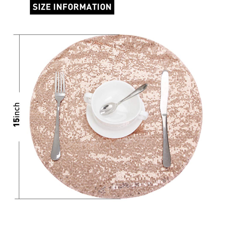 [Australia - AusPower] - Sequin Placemats Set of 6, Heat-Resistant Dining Table Mats, Stain-Resistant Kitchen Table Placemats, Elegant Sparkle Placemat for Party Wedding Accent Centerpiece Decoration(Rose Gold, 15" Round) 15"R-6pcs Rose Gold 