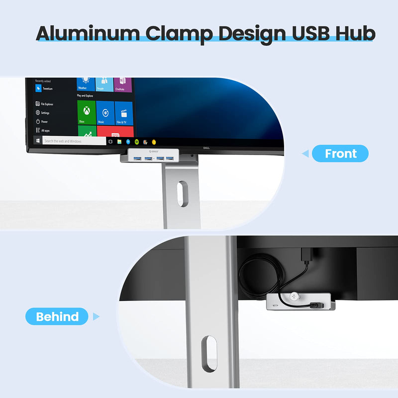 [Australia - AusPower] - ORICO 4 Port USB 3.0 Hub Clamps on Monitor or Table, USB A/A and A/C Cable Included(4.92FT), Extra Power Supply Port, Space-Saving Mountable Aluminum USB Hub for iMac, All-in-One Desktop Computer 4 port + 2 Data Cable 