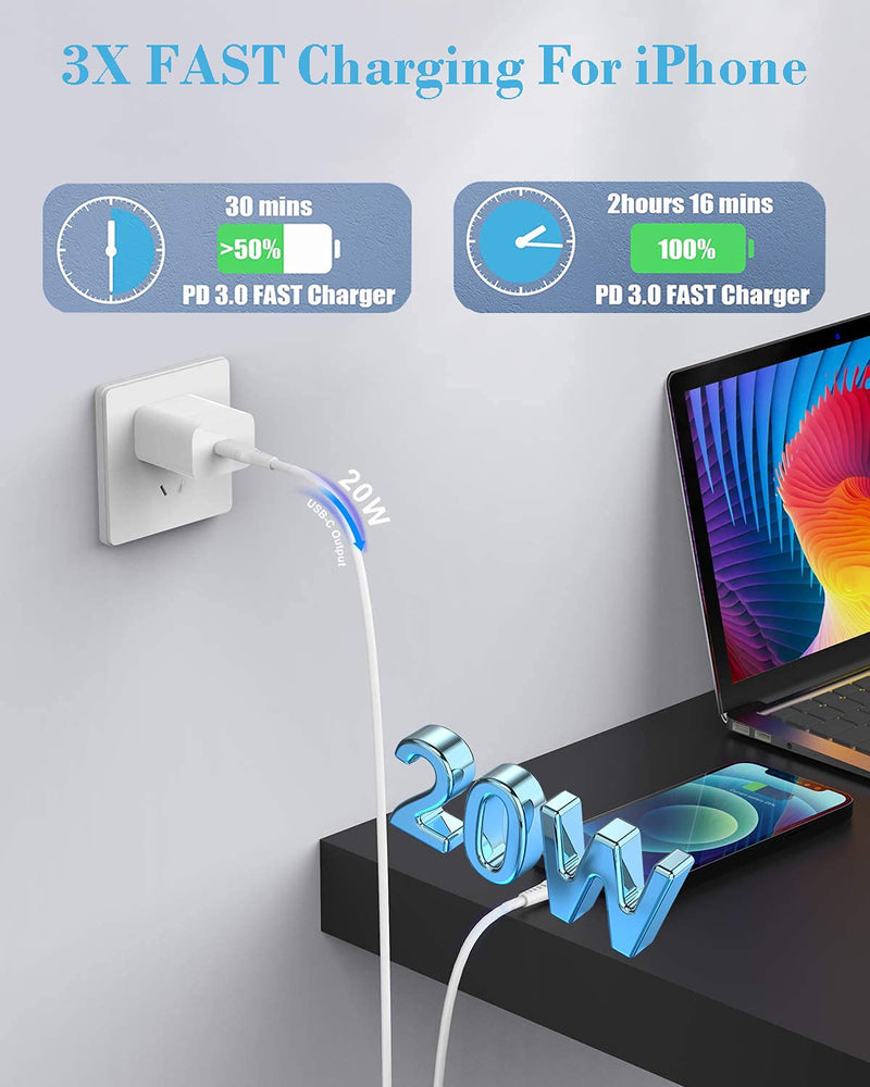 [Australia - AusPower] - [Apple MFi Certified] iPhone Fast Charger, Veetone 2 Pack 20W USB C Power Delivery Wall Charger Plug with 6FT Type C to Lightning Quick Charge Sync Cable for iPhone 13/12/11/XS/XR/X 8/SE/iPad/AirPods White 