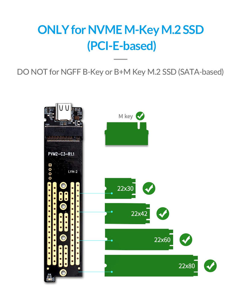[Australia - AusPower] - ORICO NVME M.2 to Type-C USB3.1 Gen2 10Gbps Transparent External Solid State Drive Adapter Enclosure for 2280 2260 2242 2230 PCI-E M2 M-Key SSD, USB Type C Converter Case (TCM2-Blue) Blue 