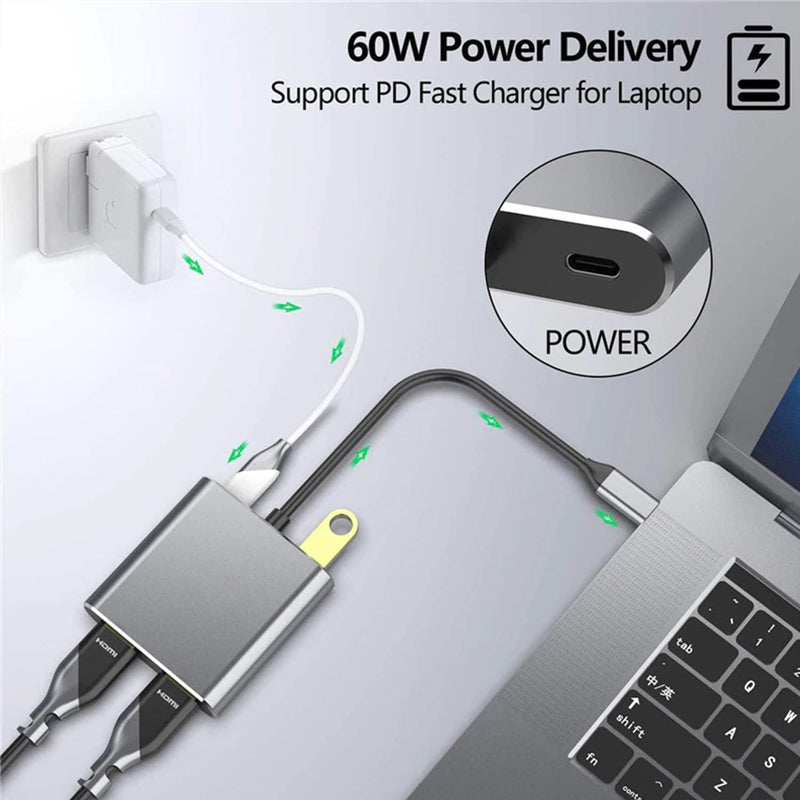 [Australia - AusPower] - USB C to Dual HDMI Adapter, 4 in 1 USB Type C Hub with 2 HDMI/USB3.0 /PD Charging, Dual Screen Display USB-C Docking Station for Windows, MacOS 