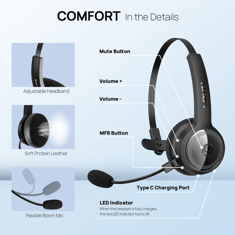 [Australia - AusPower] - Bluetooth Headset, LEVN Wireless Headset with Microphone (AI Noise Cancelling), 35Hrs Bluetooth 5.0 Headphones with USB for PC, Suitable for Remote Work/Call Center/Skype/Zoom/Online Class/Trucker LE-HS010 Superior 