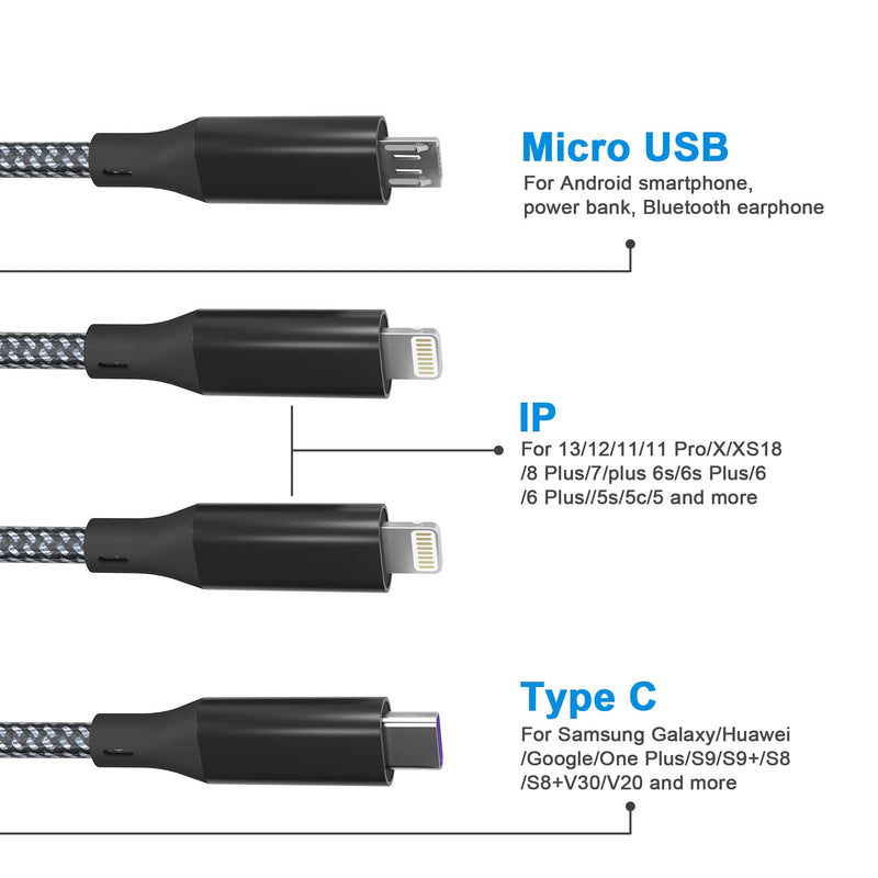 [Australia - AusPower] - Multi 4 in 1 USB Charging Cable, 2M/6Ft 6A PD Fast Nylon Braided USB Fast Charging Cord, Universal Multiple Ports Charging Cable with USB C/Micro USB/2*Lightning Connector for iPhones Android Huawei 