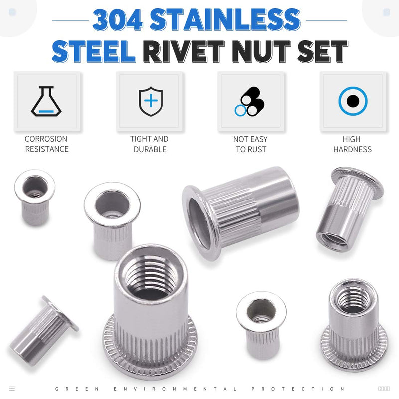 [Australia - AusPower] - Glarks 180Pcs 304 Stainless Steel Flat Head Threaded Rivetnut Insert Nutsert Rivet Nut Assortment Kit - M3 M4 M5 M6 M8 M10 